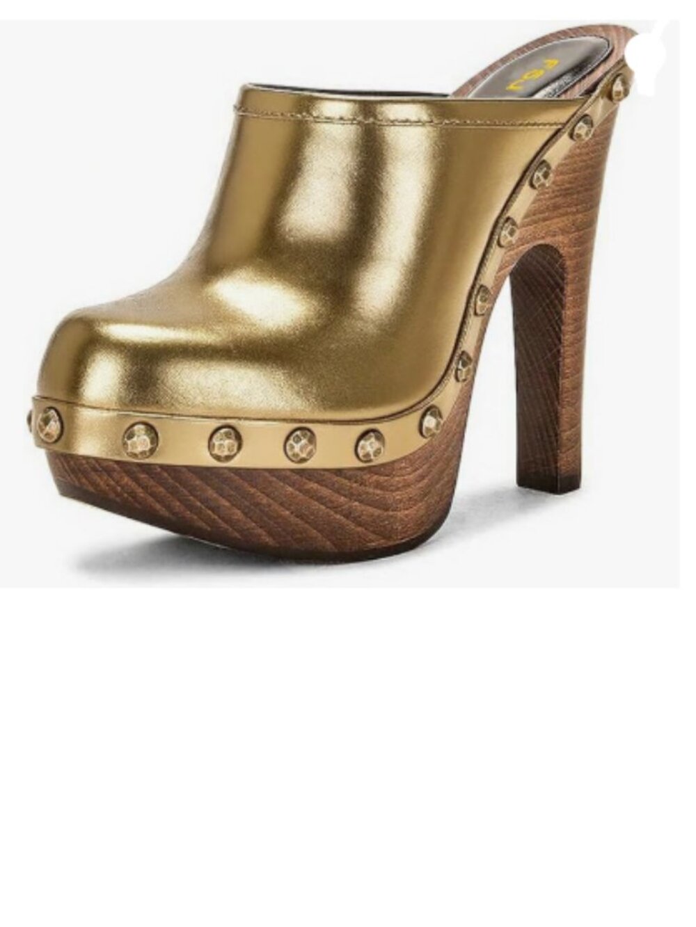 FSJ Gold Round Toe Wooden Block High Heel Clogs Slip On Studded Platform Mules
